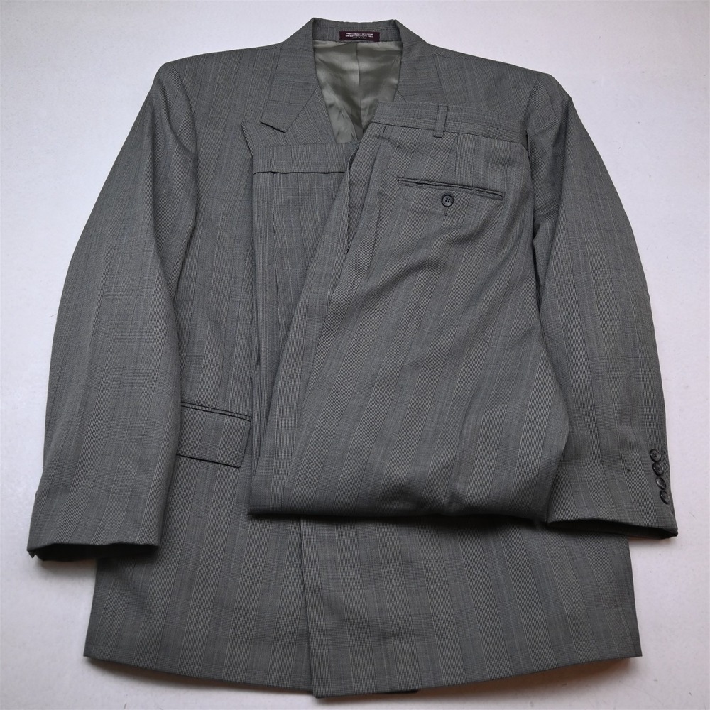 Vtg USA Made Double Breasted 46R 34x29 Gray Glenn Check Wool Jacket Pants Suit